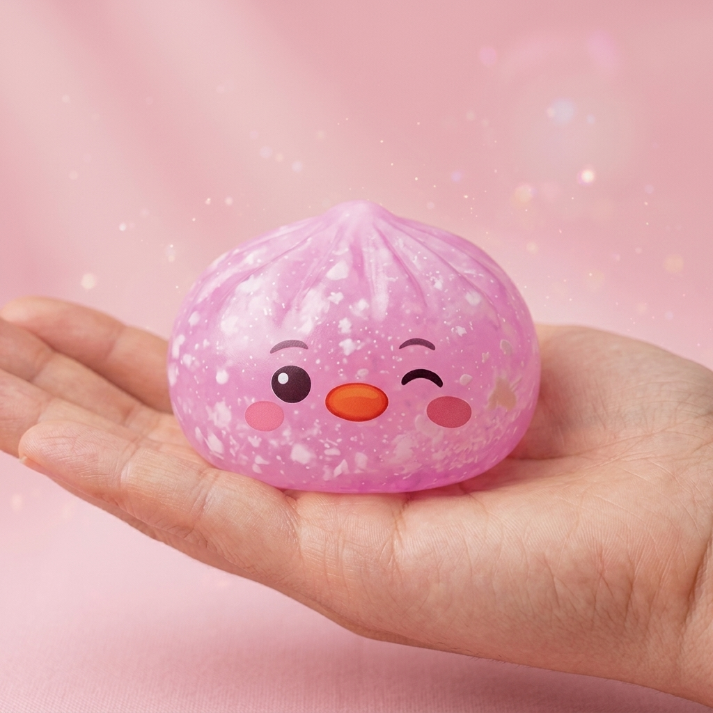 Penguin Dumpling Squishy Bonbonrosa in der Hand gehalten, echte Größe