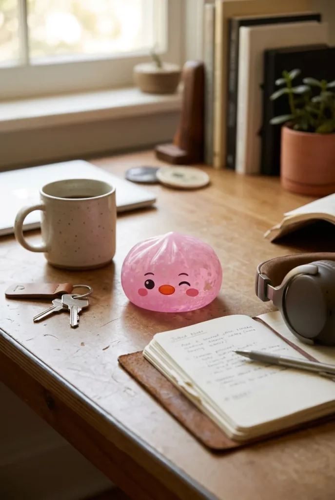 Penguin Dumpling Squishy Bonbonrosa auf dem Schreibtisch