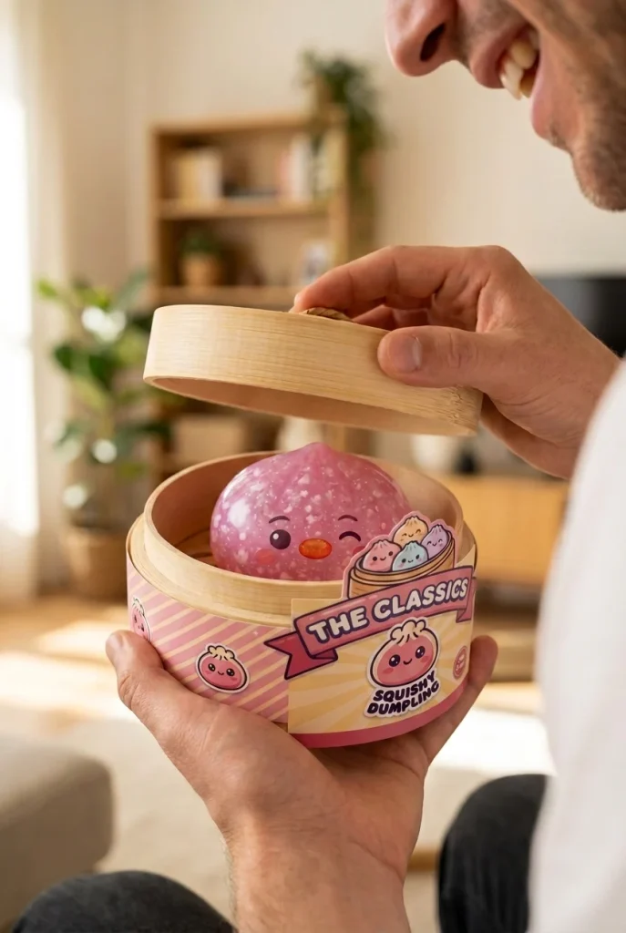 Penguin Dumpling Squishy Bonbonrosa beim Auspacken