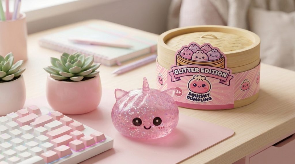 Glitter Dumpling Squishy Einhorn Rosa in seiner kawaii Umgebung