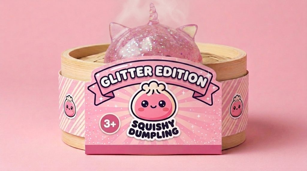 Glitter Dumpling Squishy Einhorn Rosa im Bambus-Dämpfkörbchen