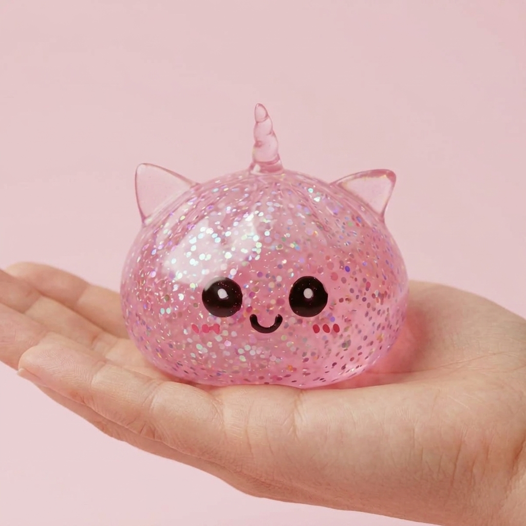 Glitter Dumpling Squishy Einhorn Rosa in der Hand gehalten, echte Größe