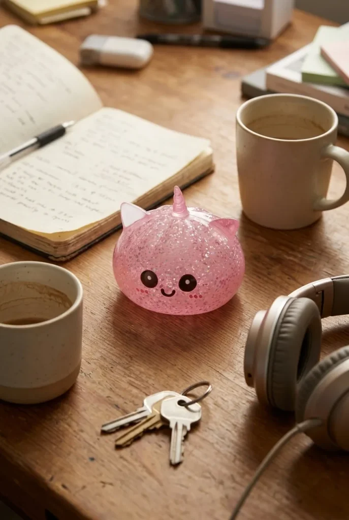 Glitter Dumpling Squishy Einhorn Rosa auf dem Schreibtisch