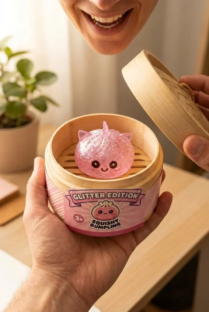 Glitter Dumpling Squishy Einhorn Rosa beim Auspacken