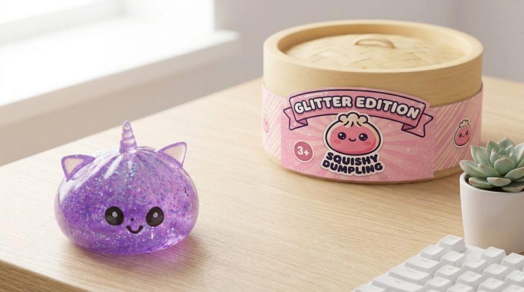 Dumpling Squishy Einhorn Glitter Violett in seiner kawaii Umgebung