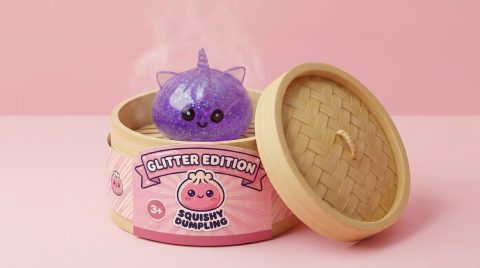 Dumpling Squishy Einhorn Glitter Violett im Bambus-Dämpfkörbchen