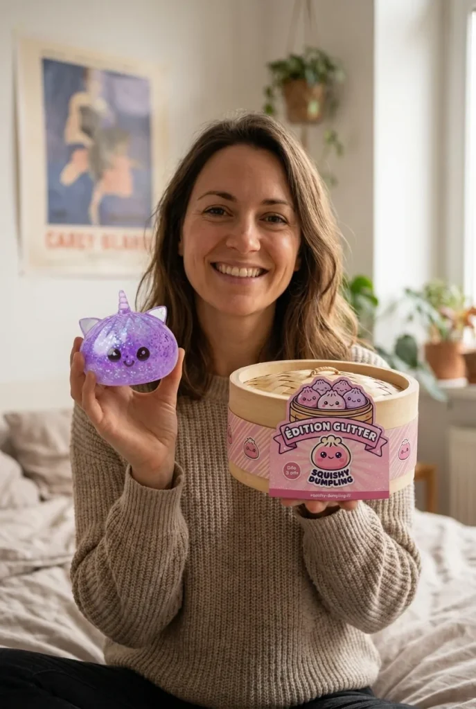 Dumpling Squishy Einhorn Glitter Violett mit seiner Box