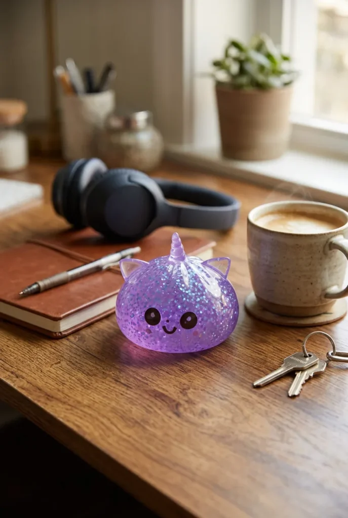 Dumpling Squishy Einhorn Glitter Violett auf dem Schreibtisch