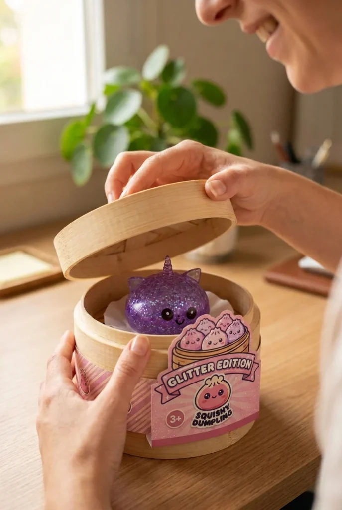 Dumpling Squishy Einhorn Glitter Violett beim Auspacken