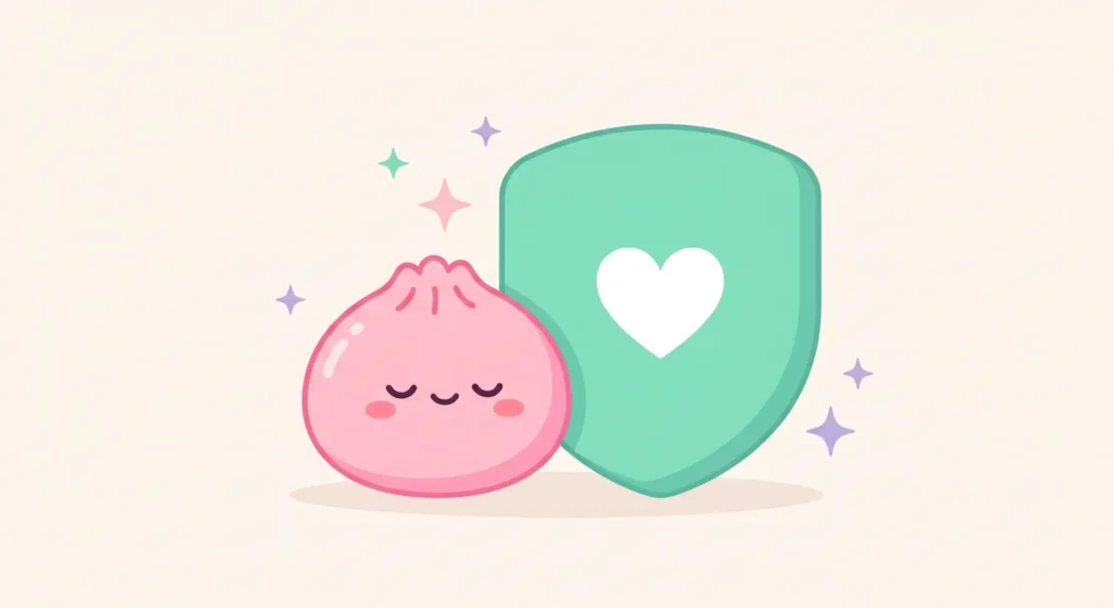 Kawaii-Illustration: rosa Squishy Dumpling neben einem mintgruenen Schutzschild mit Herz