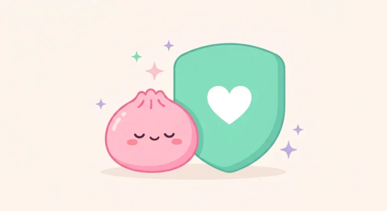Kawaii-Illustration: rosa Squishy Dumpling neben einem mintgruenen Schutzschild mit Herz