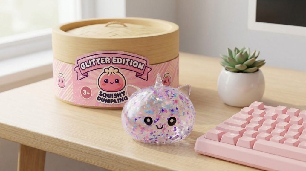 Dumpling Squishy Einhorn Sparkle Weiß in seiner kawaii Umgebung