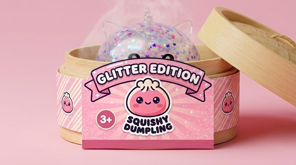 Dumpling Squishy Einhorn Sparkle Weiß im Bambus-Dämpfkörbchen