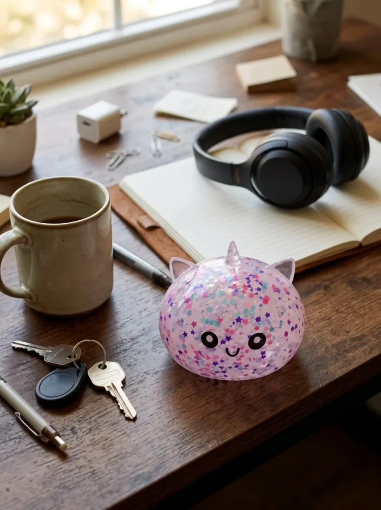 Dumpling Squishy Einhorn Sparkle Weiß auf dem Schreibtisch