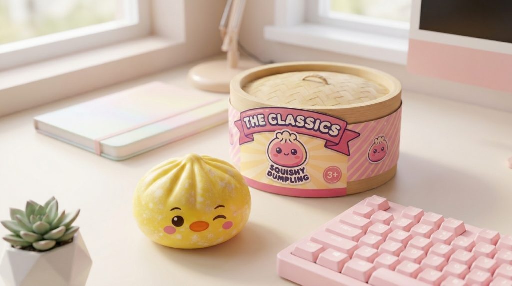 Dumpling Squishy Pinguin Buttergelb in seiner kawaii Umgebung