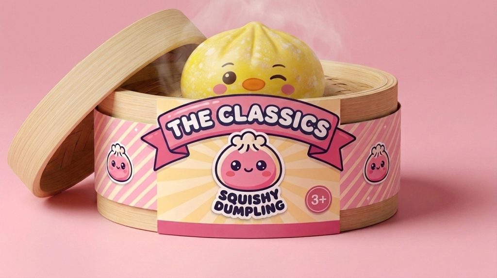 Dumpling Squishy Pinguin Buttergelb im Bambus-Dämpfkörbchen