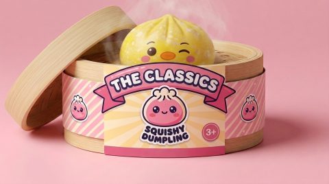 Dumpling Squishy Pinguin Buttergelb im Bambus-Dämpfkörbchen