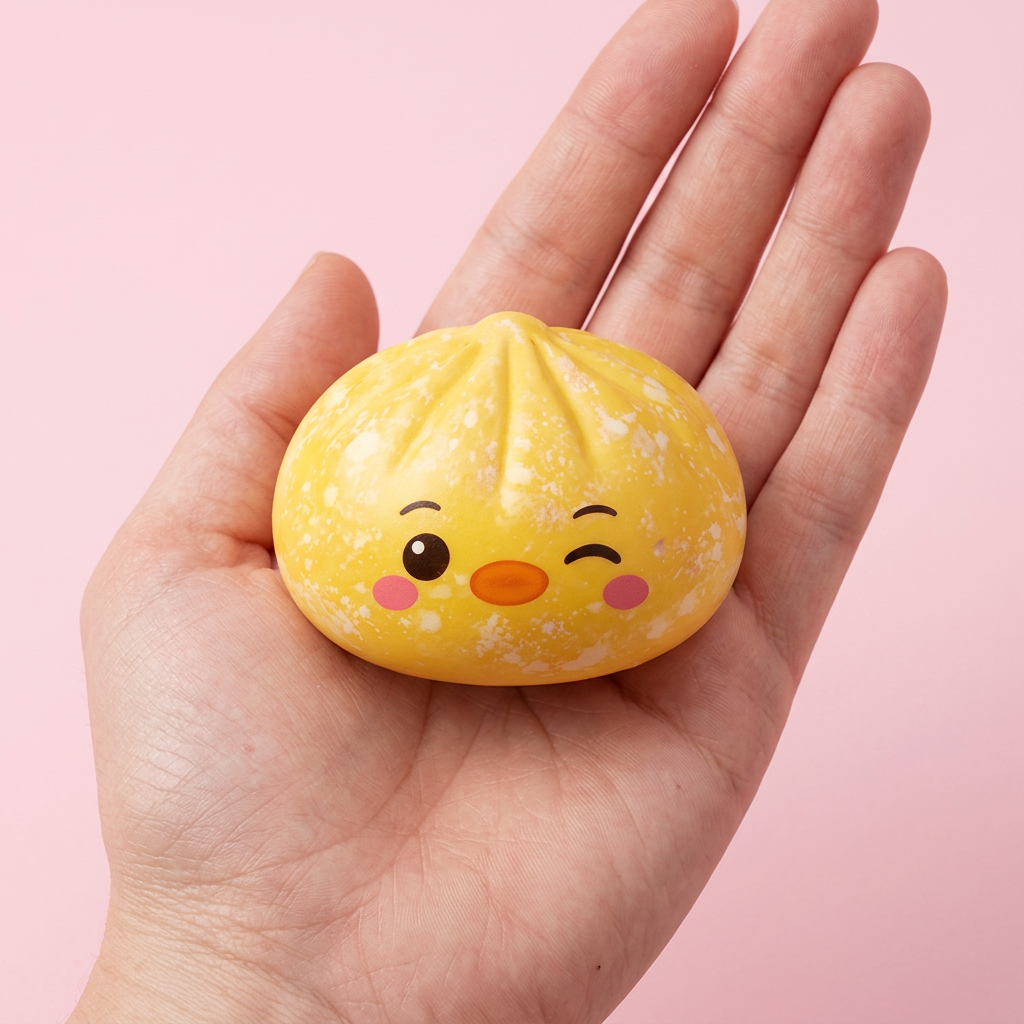 Dumpling Squishy Pinguin Buttergelb in der Hand gehalten, echte Größe