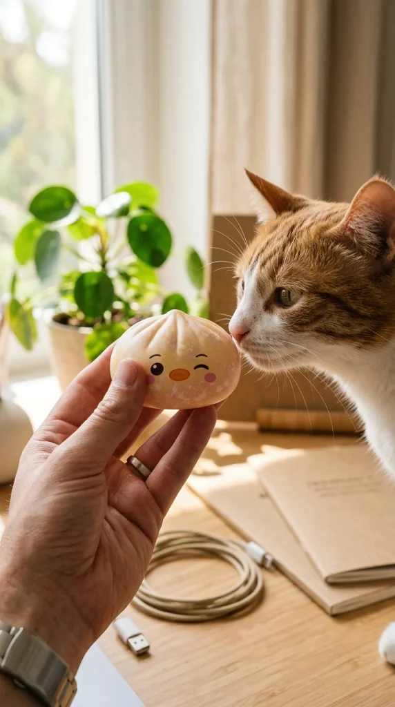 Dumpling Squishy Pinguin Buttergelb mit einem Kuscheltier