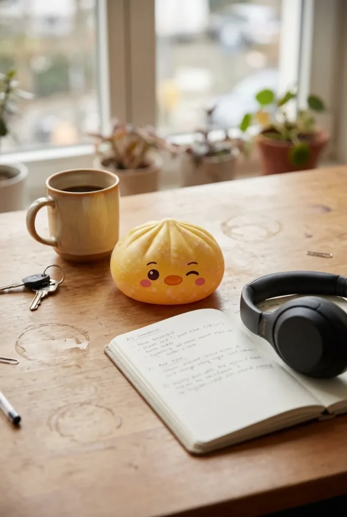 Dumpling Squishy Pinguin Buttergelb auf dem Schreibtisch