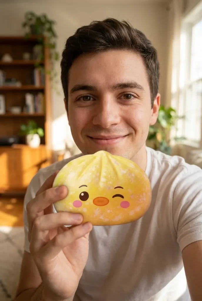 Dumpling Squishy Pinguin Buttergelb im Alltag