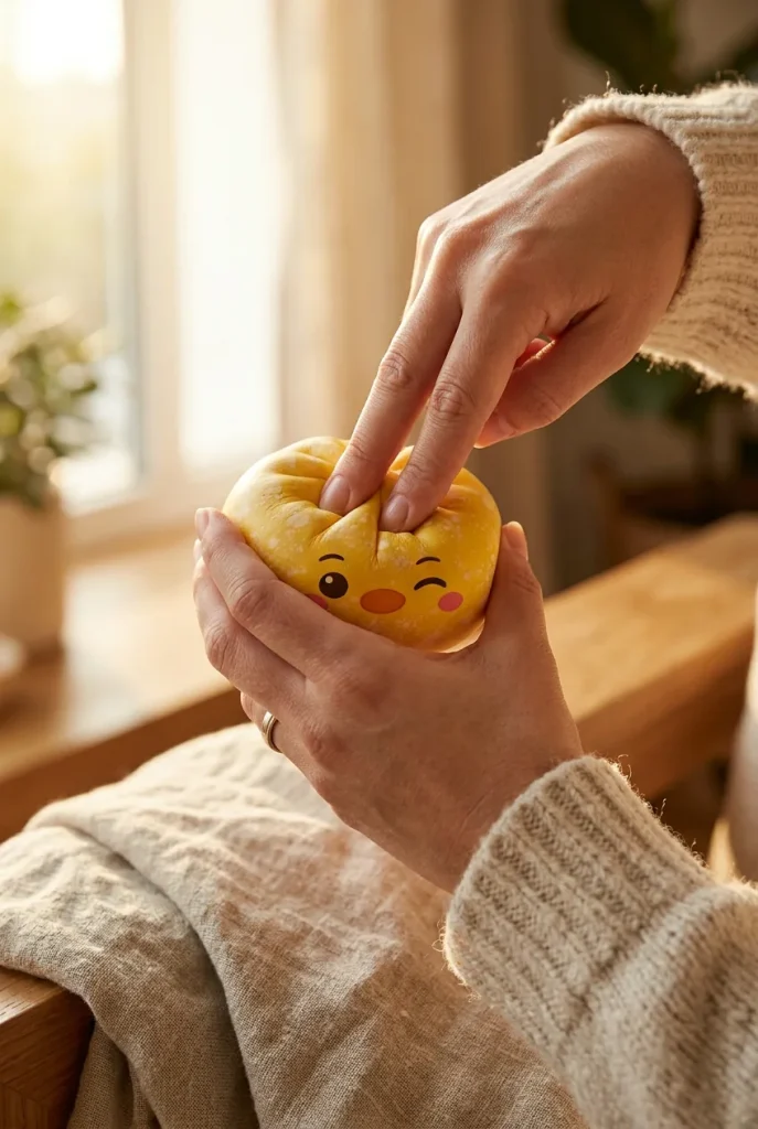 Dumpling Squishy Pinguin Buttergelb beim Drücken