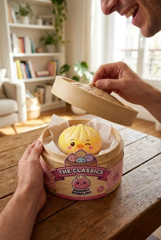 Dumpling Squishy Pinguin Buttergelb beim Auspacken