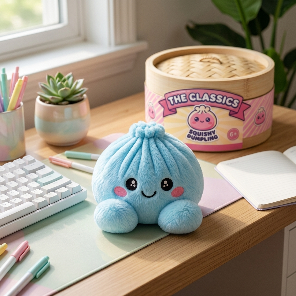 Dumpling Squishy Himmelblau Plüsch in seiner kawaii Umgebung