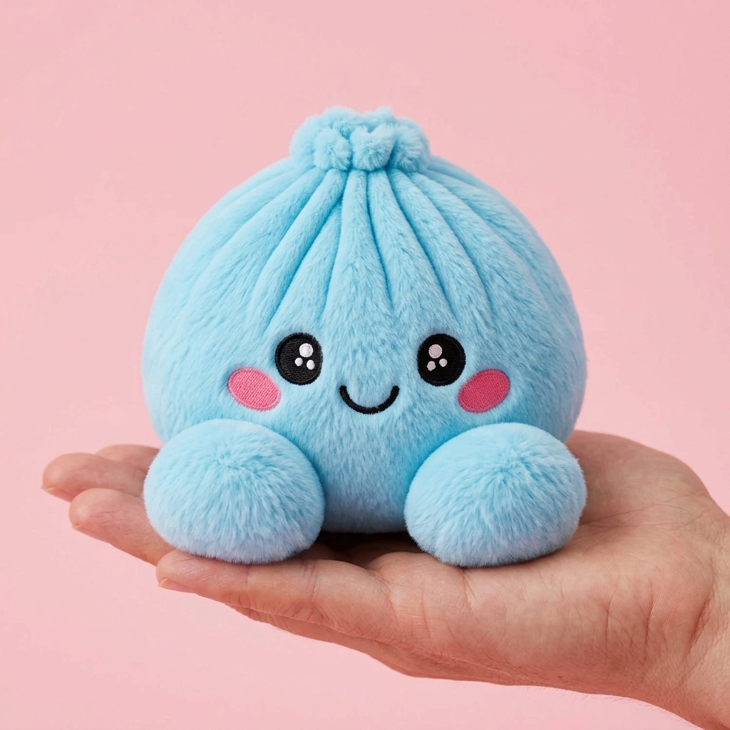 Dumpling Squishy Himmelblau Plüsch in der Hand gehalten, echte Größe