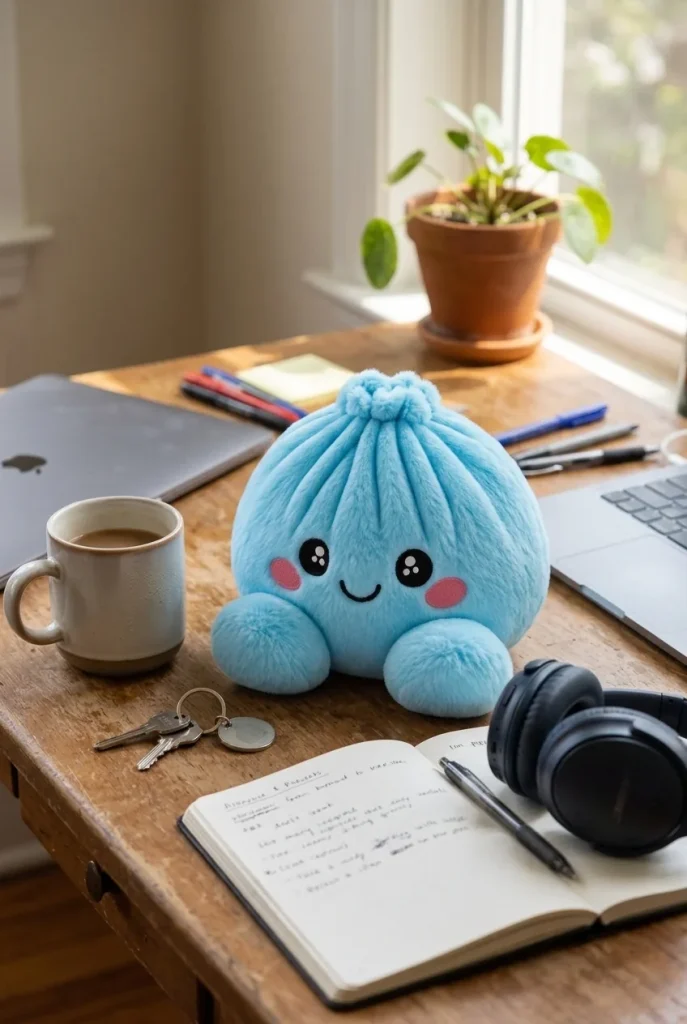 Dumpling Squishy Himmelblau Plüsch auf dem Schreibtisch