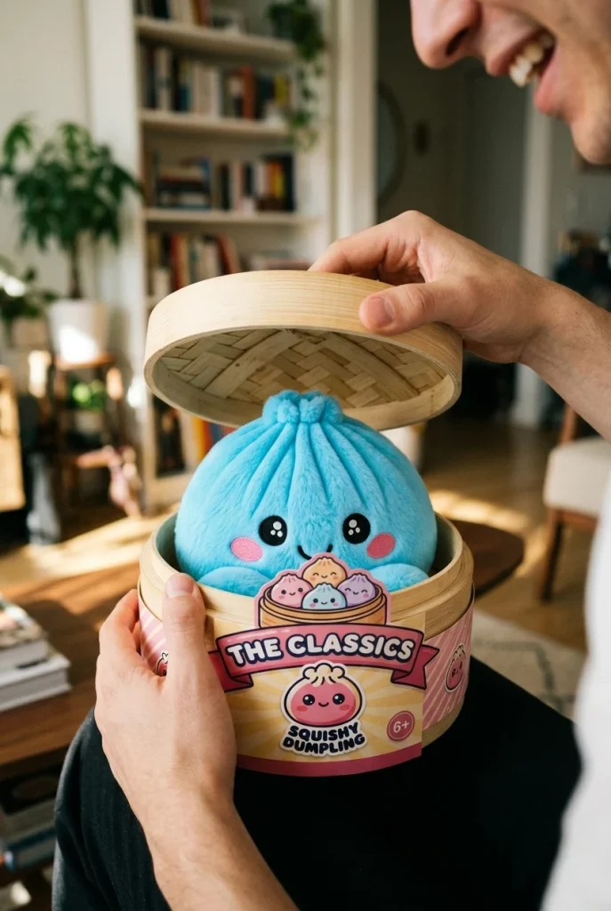 Dumpling Squishy Himmelblau Plüsch beim Auspacken