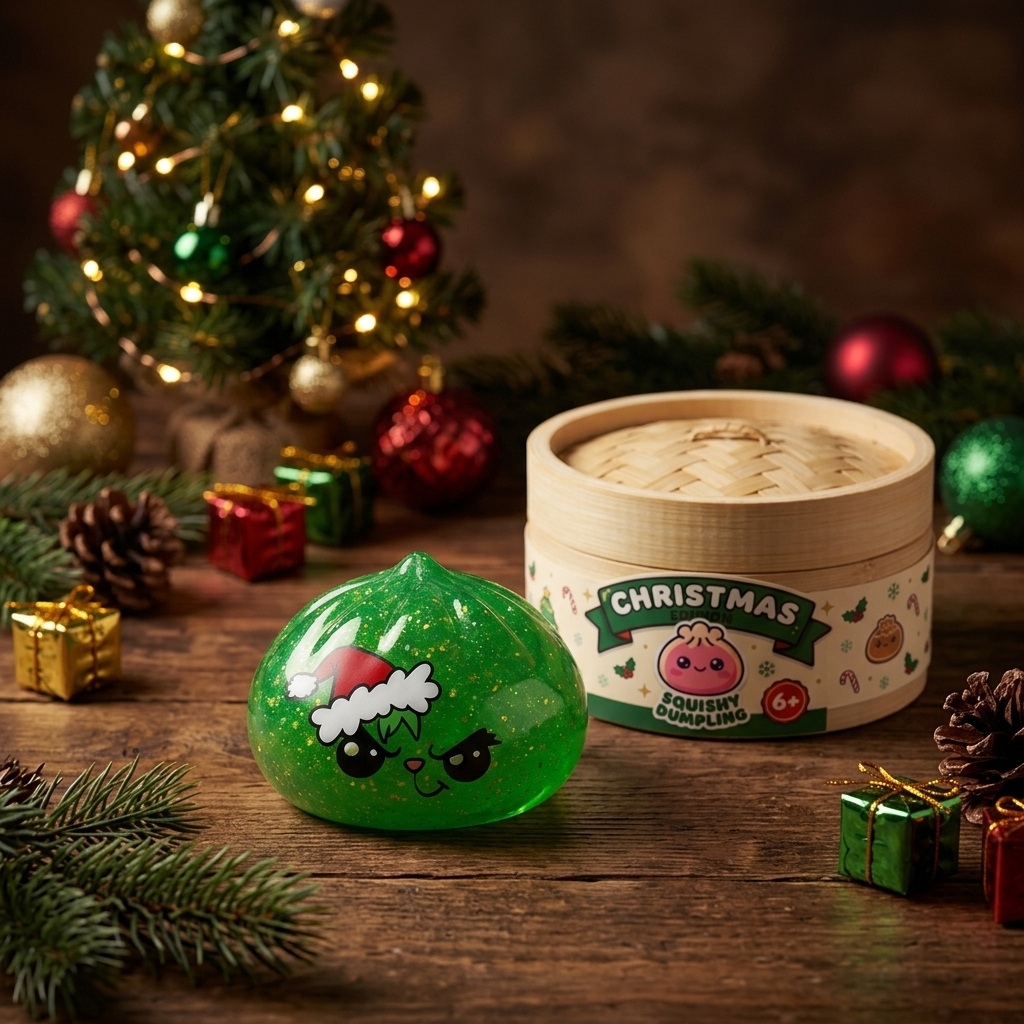 Glitter Dumpling Squishy Weihnachts-Miesepeter Grün in seiner kawaii Umgebung