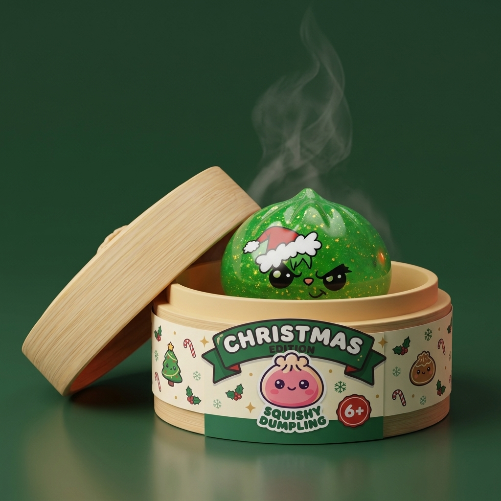 Glitter Dumpling Squishy Weihnachts-Miesepeter Grün im Bambus-Dämpfkörbchen