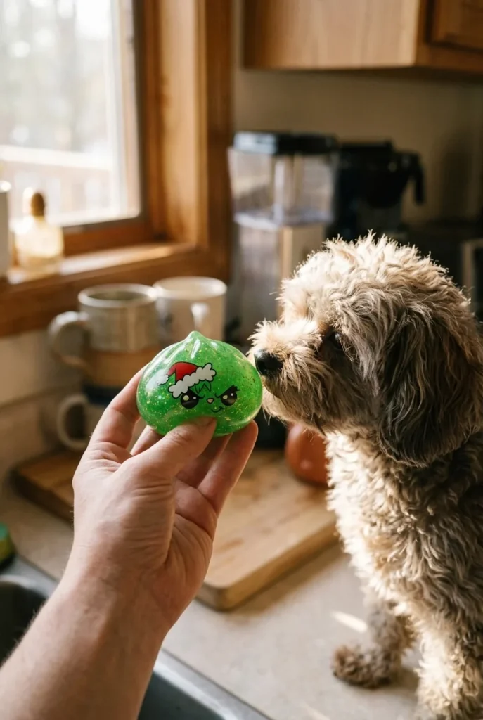 Glitter Dumpling Squishy Weihnachts-Miesepeter Grün mit einem Kuscheltier