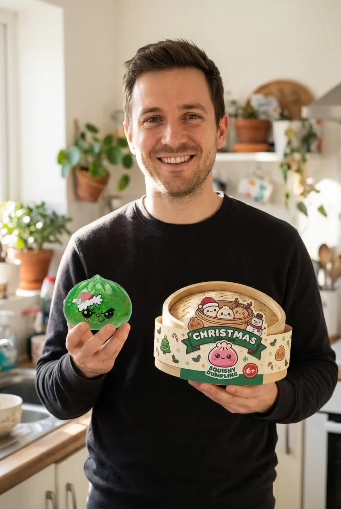 Glitter Dumpling Squishy Weihnachts-Miesepeter Grün mit seiner Box