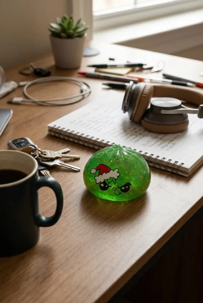 Glitter Dumpling Squishy Weihnachts-Miesepeter Grün auf dem Schreibtisch