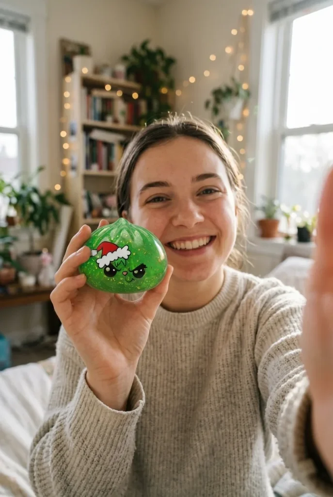 Glitter Dumpling Squishy Weihnachts-Miesepeter Grün im Alltag