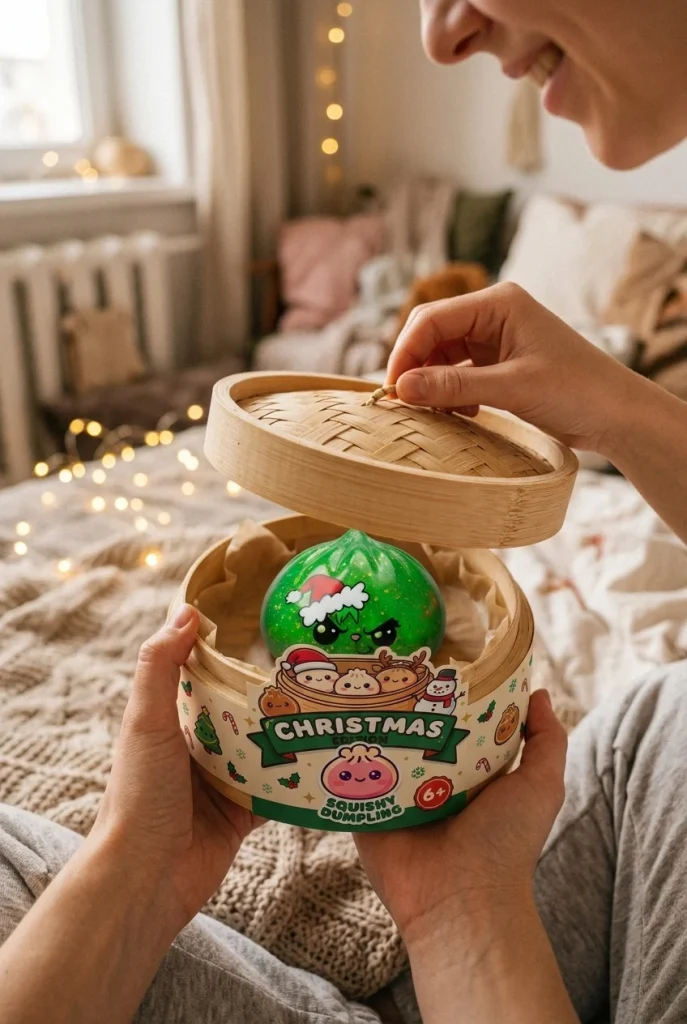Glitter Dumpling Squishy Weihnachts-Miesepeter Grün beim Auspacken