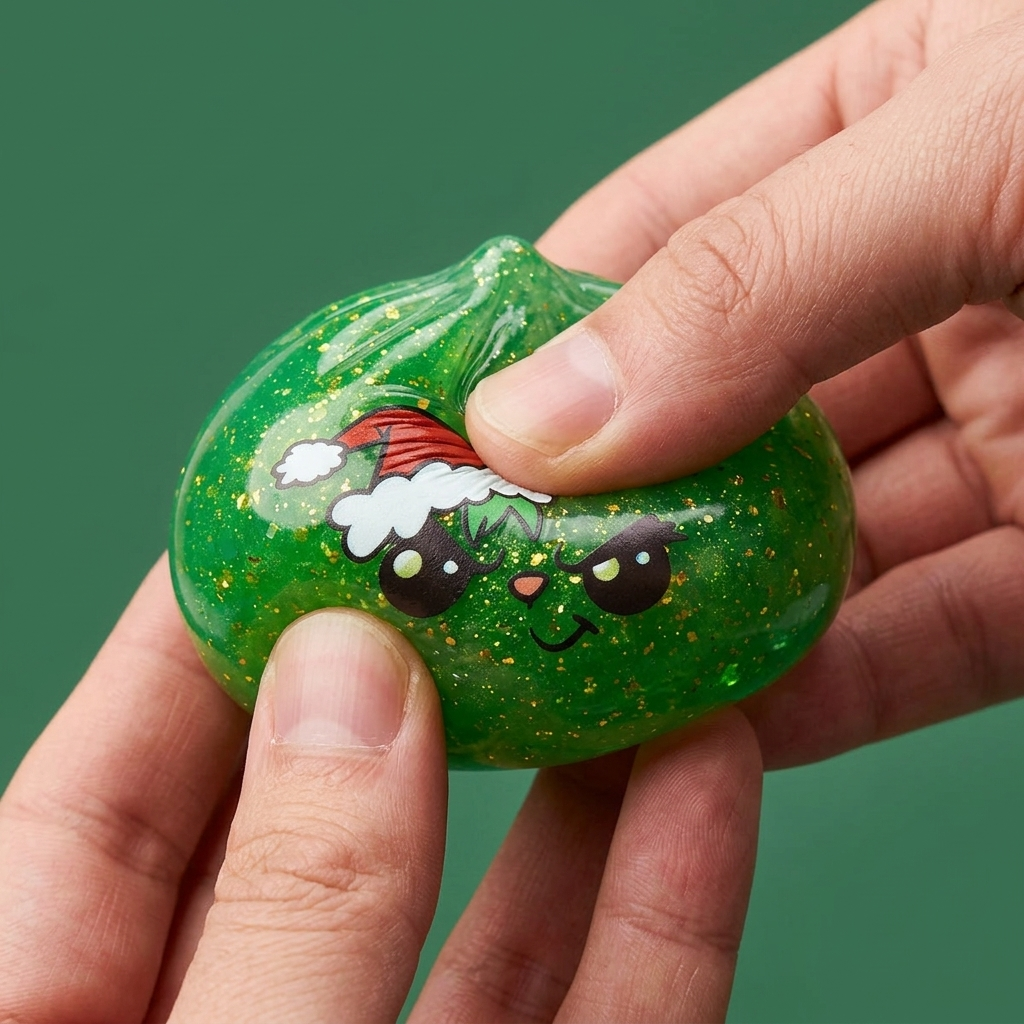 Glitter Dumpling Squishy Weihnachts-Miesepeter Grün — slow-rise Effekt, der Schaum federt langsam zurück