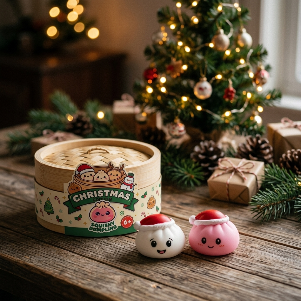 Dumpling Squishy Weihnachtsmütze 4er-Set in seiner kawaii Umgebung