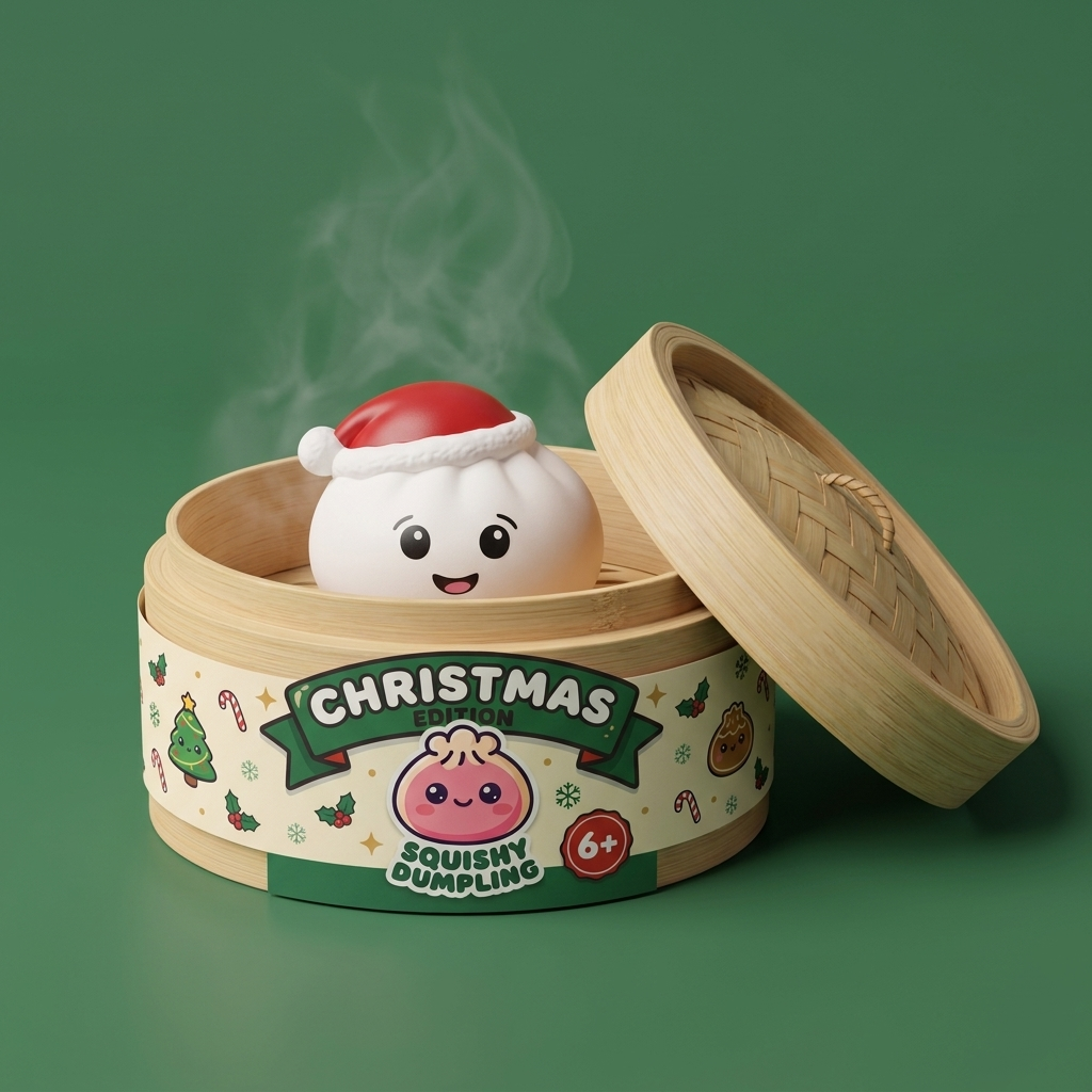 Dumpling Squishy Weihnachtsmütze 4er-Set im Bambus-Dämpfkörbchen