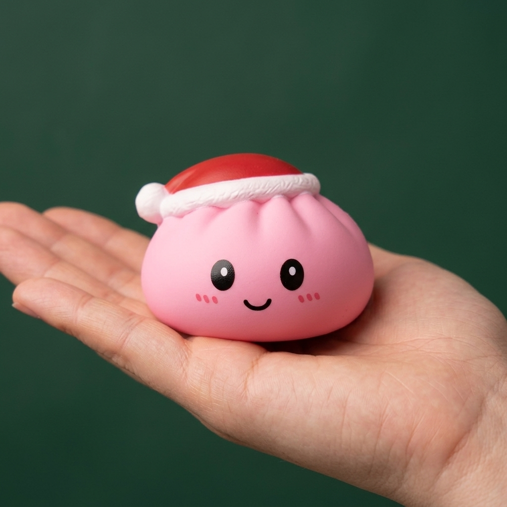 Dumpling Squishy Weihnachtsmütze 4er-Set in der Hand gehalten, echte Größe