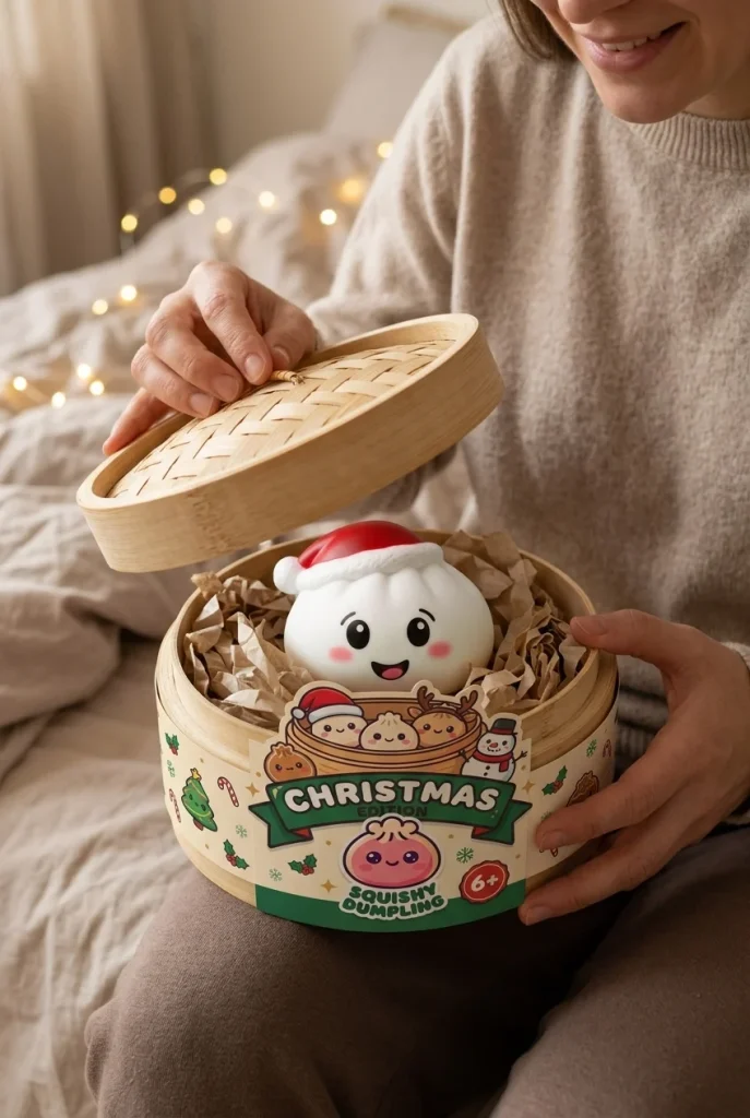 Dumpling Squishy Weihnachtsmütze 4er-Set beim Auspacken