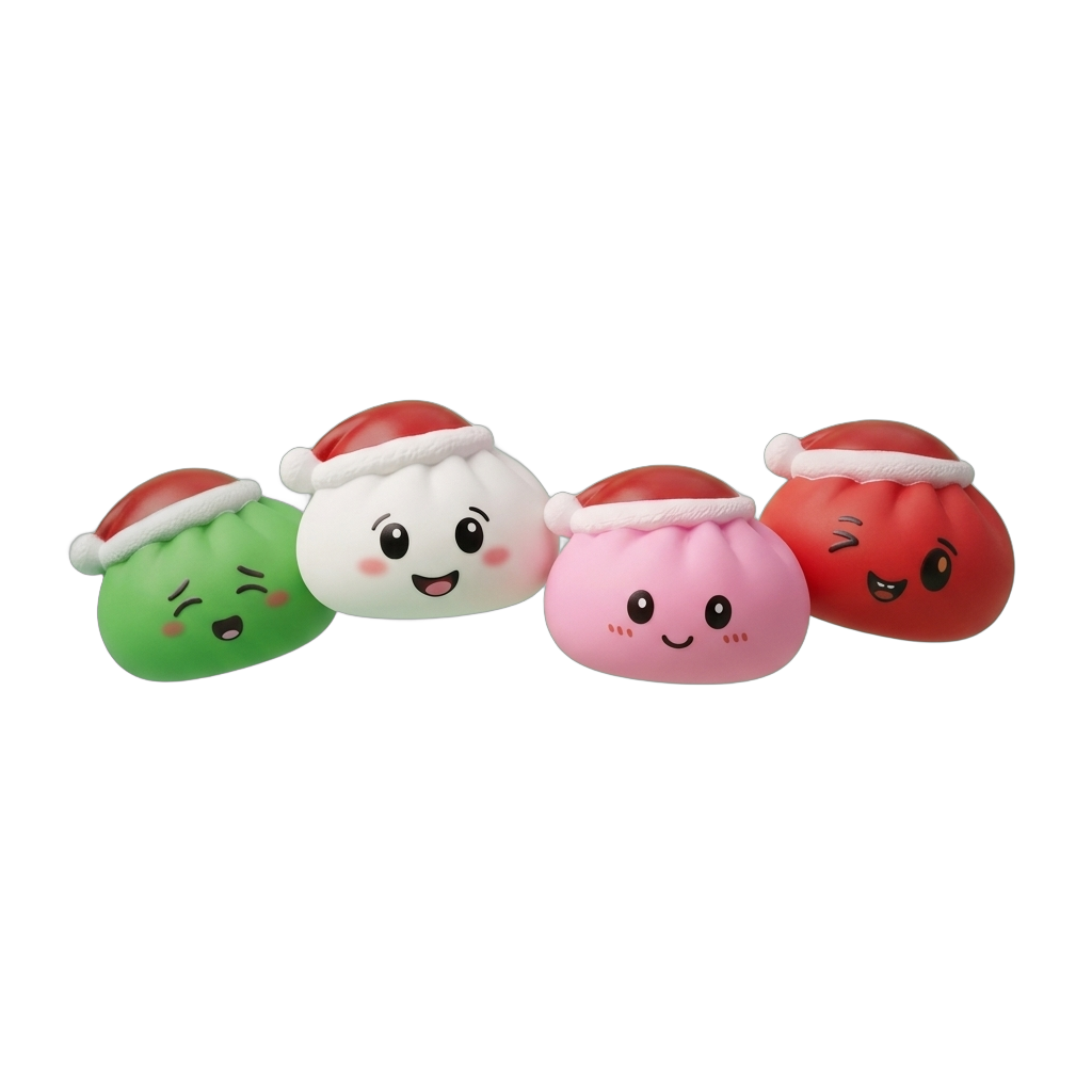 Dumpling Squishy Weihnachtsmütze 4er-Set beim Drücken, weiches Material