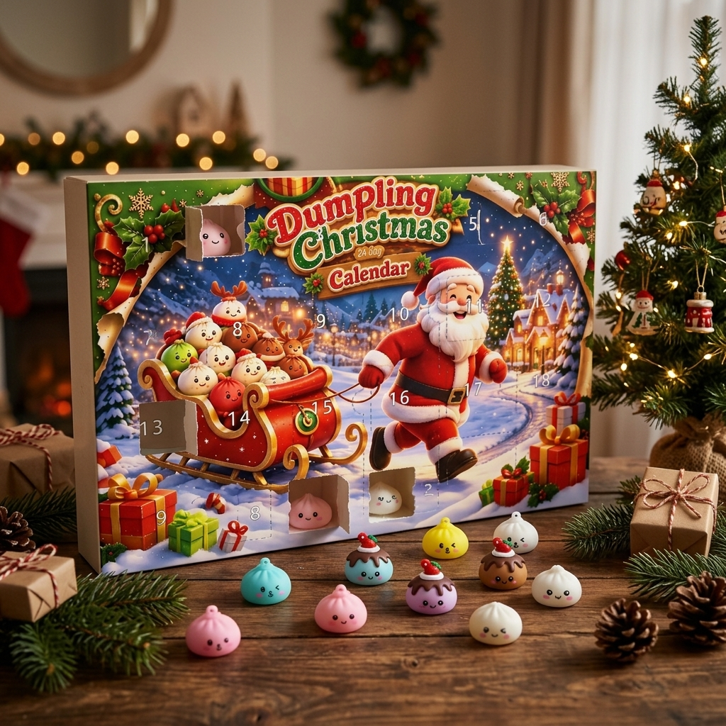 Dumpling Squishy Adventskalender Santa Schlitten 24 Teile in seiner kawaii Umgebung