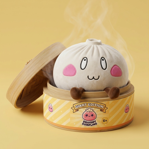 Dumpling Squishy XXL Fröhliches Gesicht im Bambus-Dämpfkörbchen