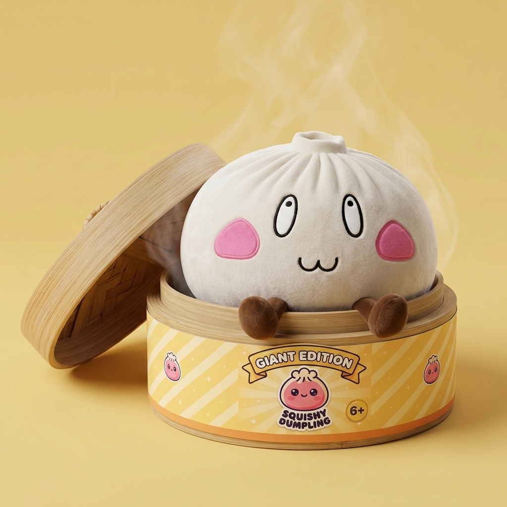 Dumpling Squishy XXL Fröhliches Gesicht im Bambus-Dämpfkörbchen