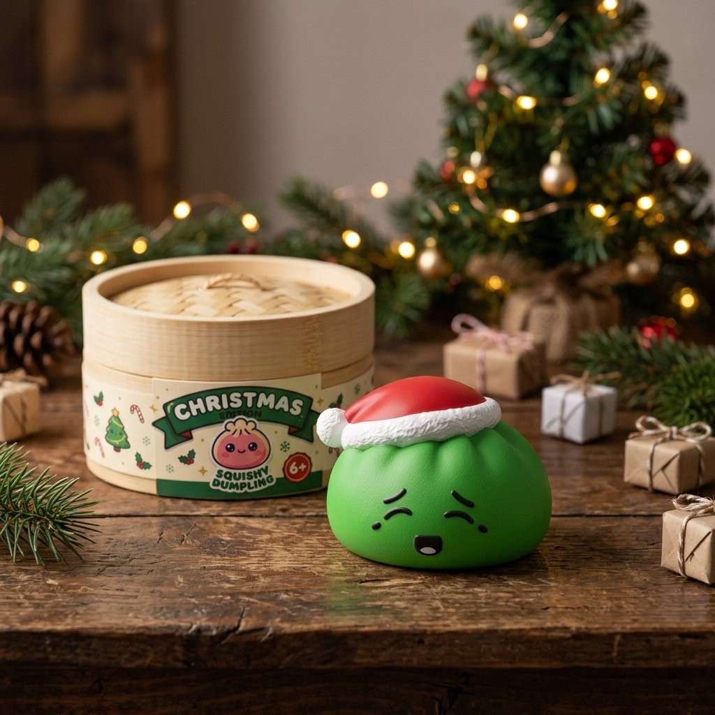 Christmas Hat Dumpling Squishy Elfe Grün in seiner kawaii Umgebung