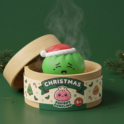 Christmas Hat Dumpling Squishy Elfe Grün im Bambus-Dämpfkörbchen
