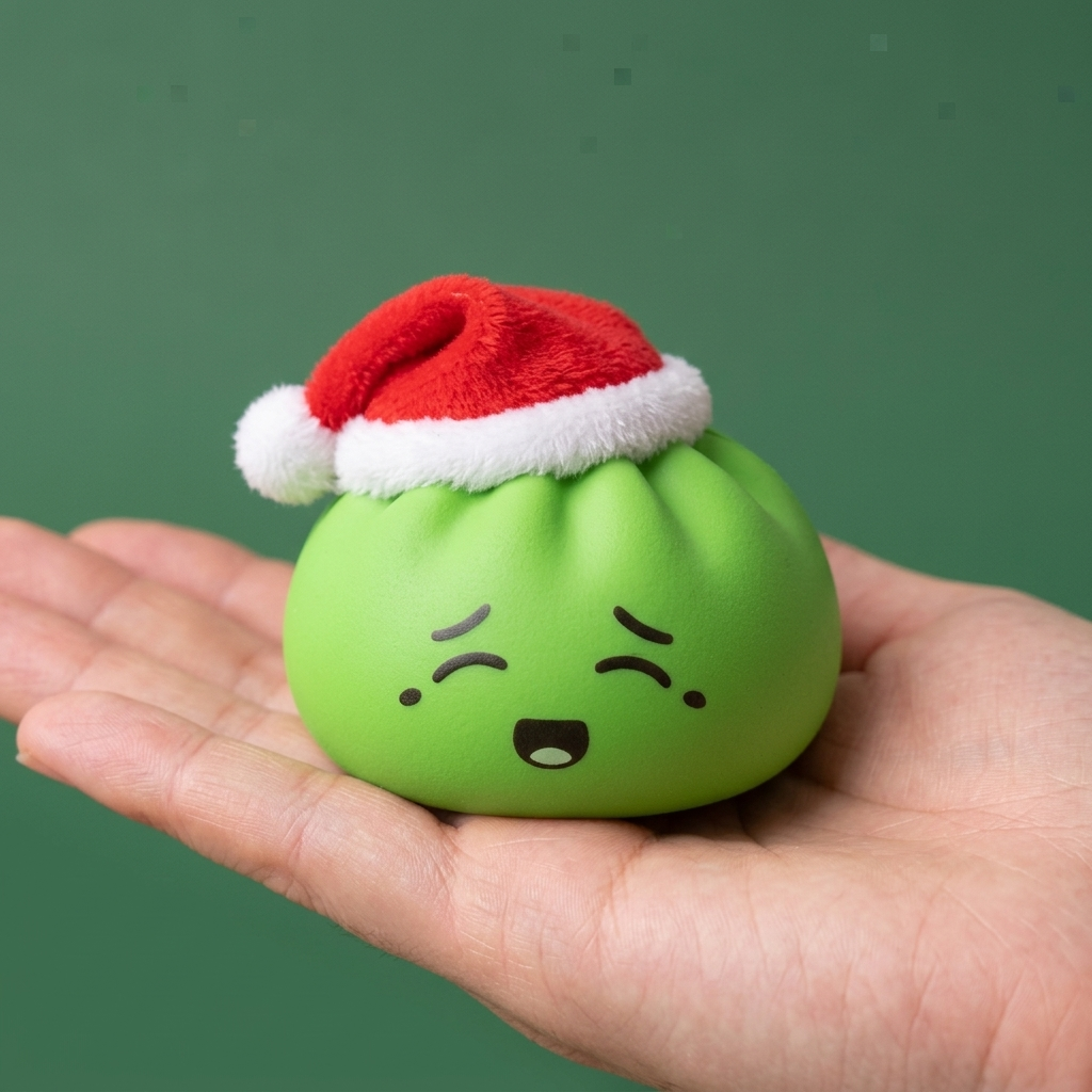 Christmas Hat Dumpling Squishy Elfe Grün in der Hand gehalten, echte Größe